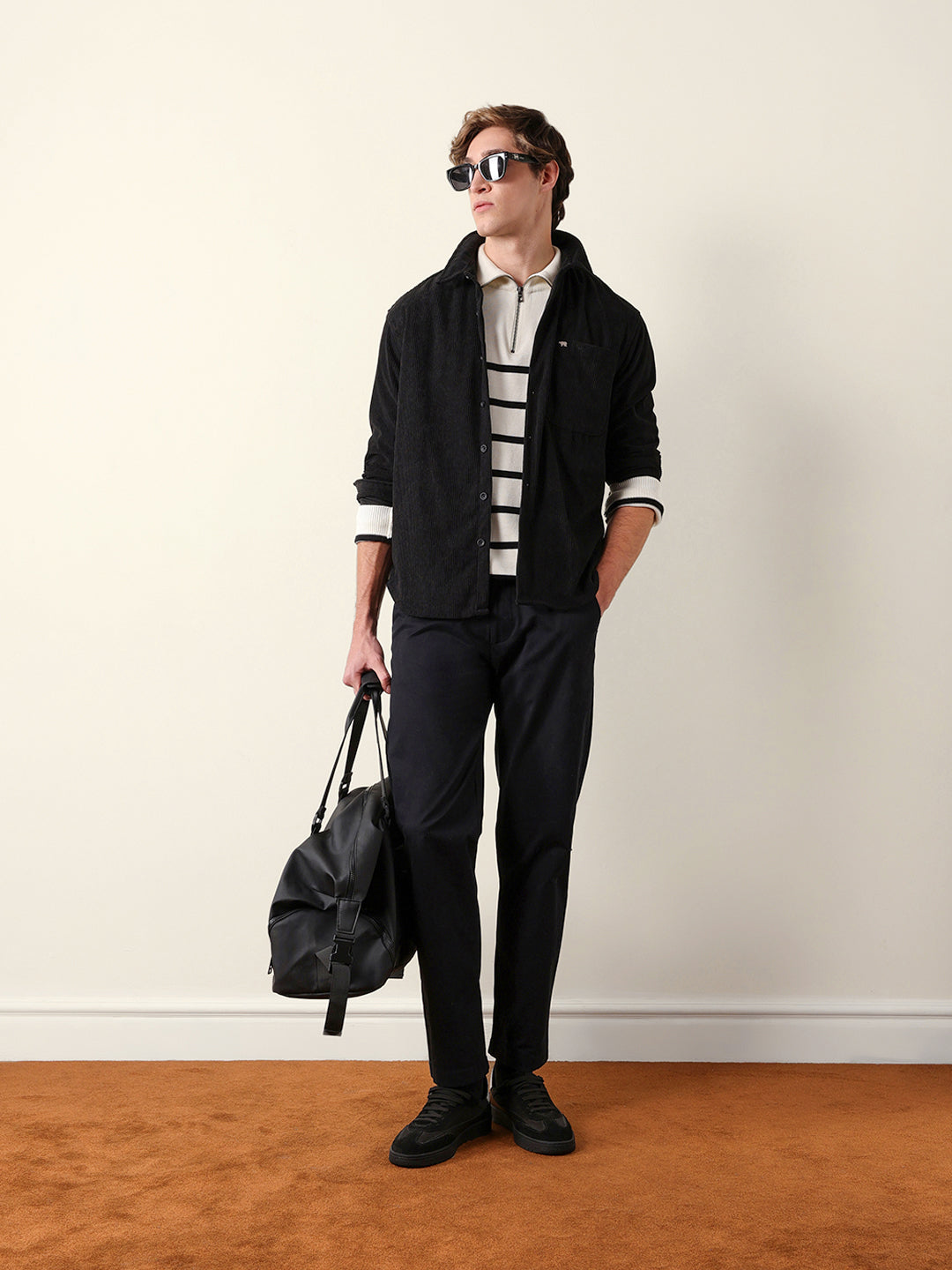 Black Corduroy Relaxed Fit Textured Overshirt