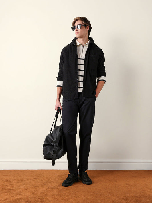 Black Corduroy Relaxed Fit Textured Overshirt