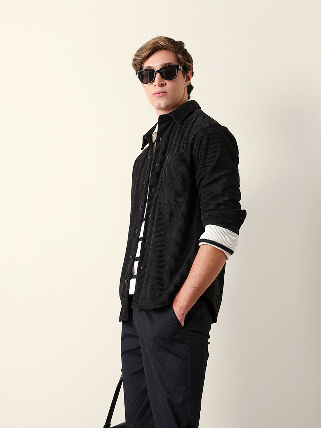 Black Corduroy Relaxed Fit Textured Overshirt