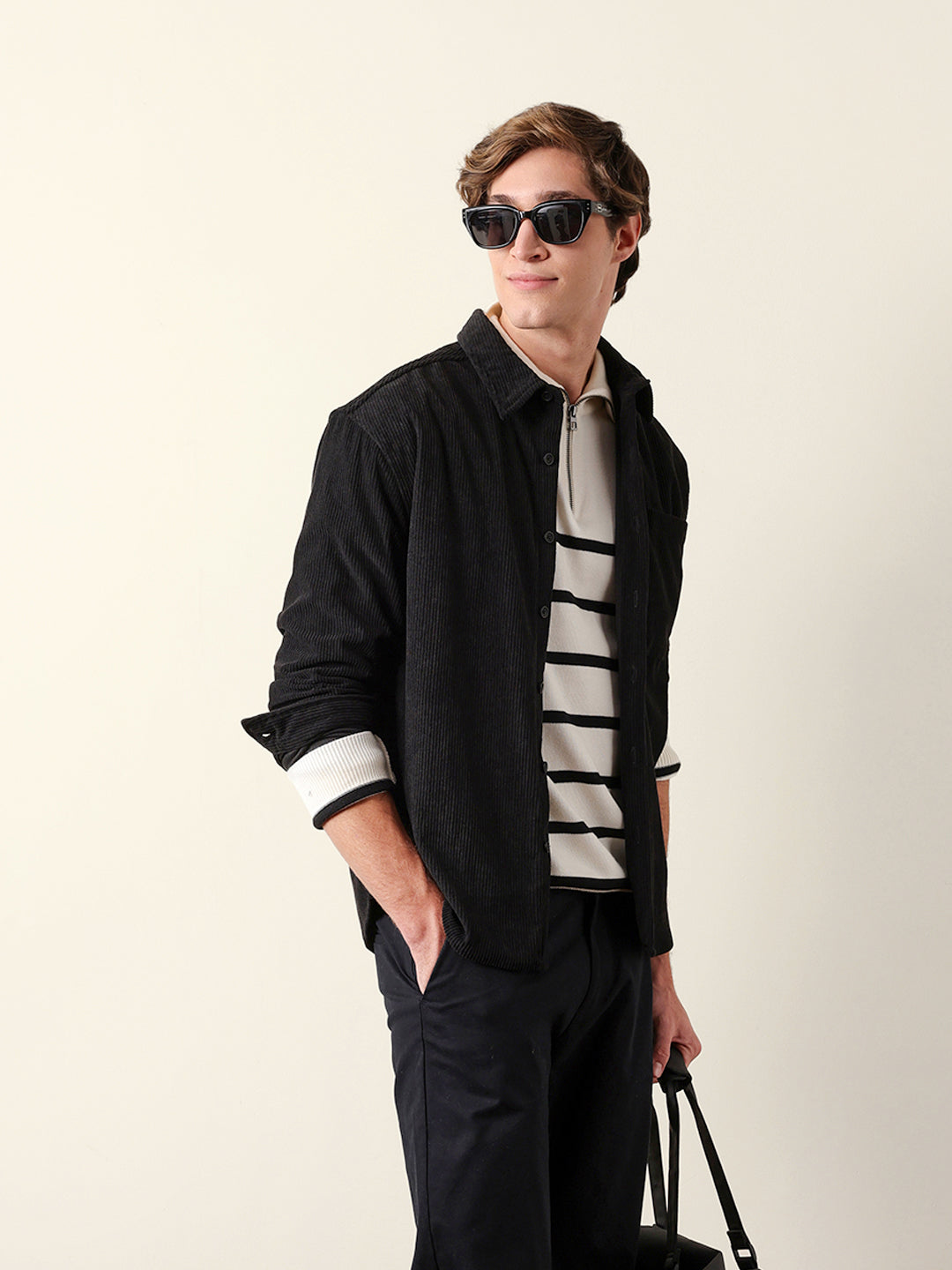 Black Corduroy Relaxed Fit Textured Overshirt