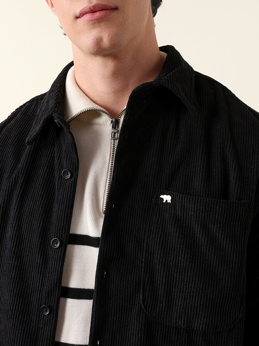 Black Corduroy Relaxed Fit Textured Overshirt
