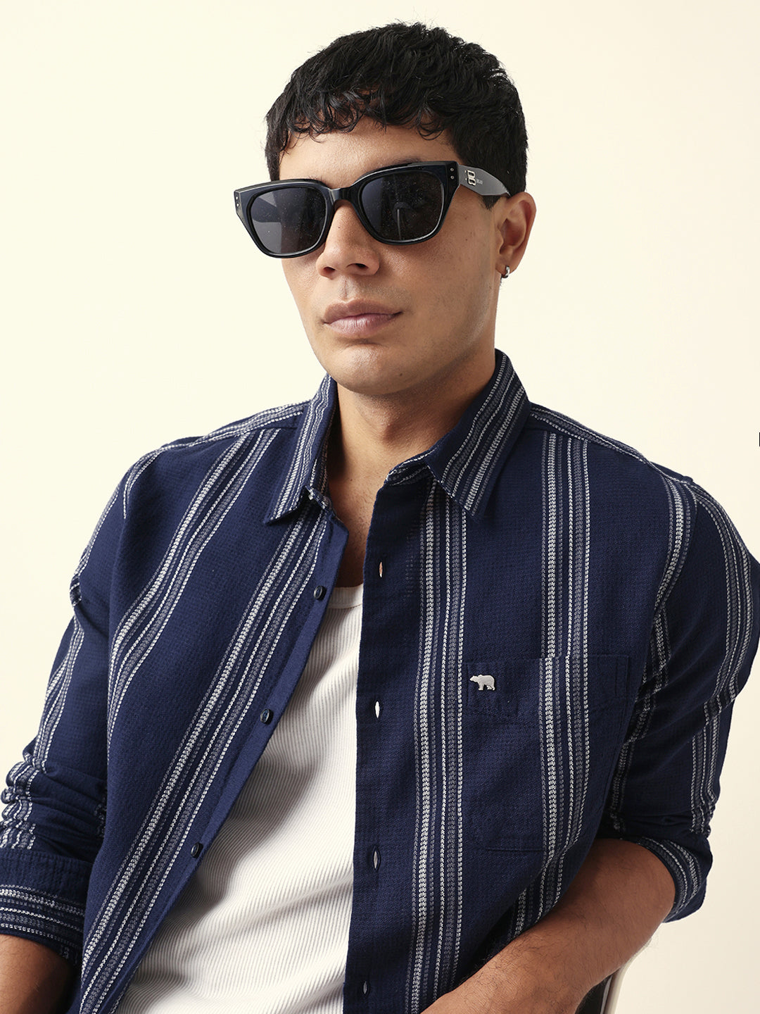 Blue Vertical Woven Stripe Slim Fit Casual Shirt