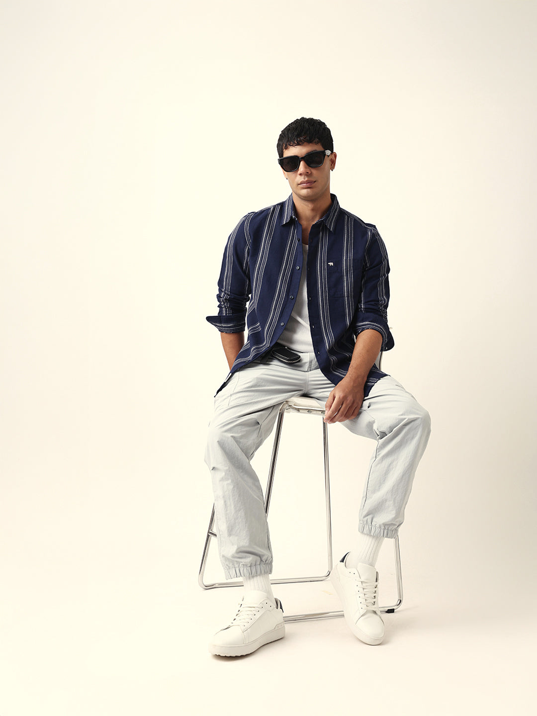 Blue Vertical Woven Stripe Slim Fit Casual Shirt