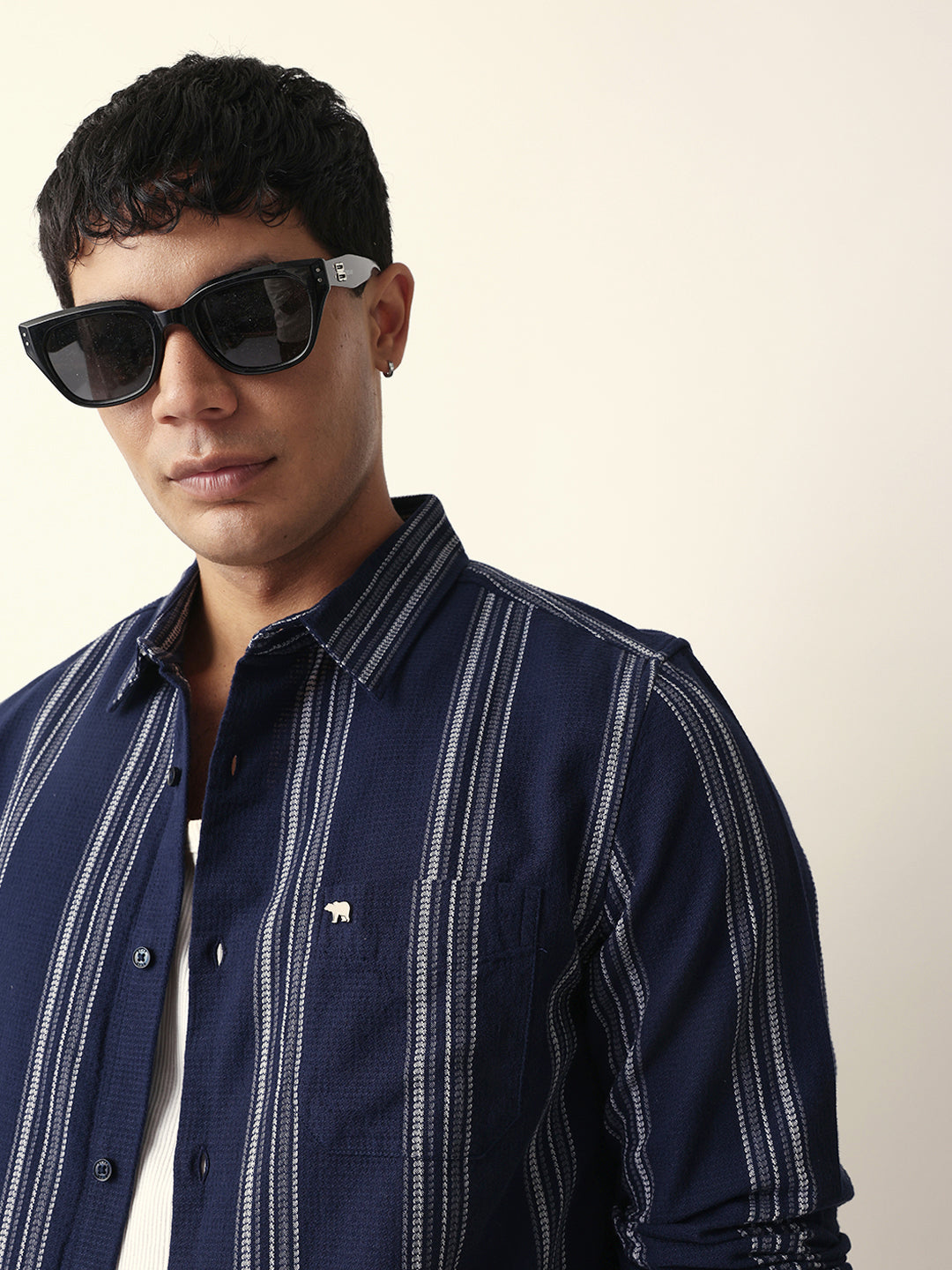 Blue Vertical Woven Stripe Slim Fit Casual Shirt