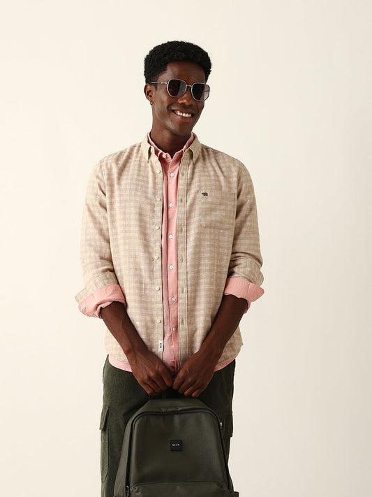 Beige Woven Micro Check Textured Slim Fit Casual Shirt
