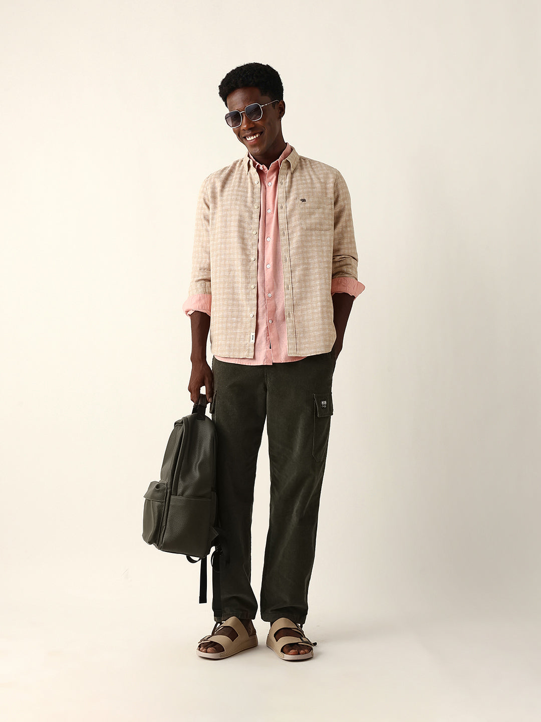 Beige Woven Micro Check Textured Slim Fit Casual Shirt
