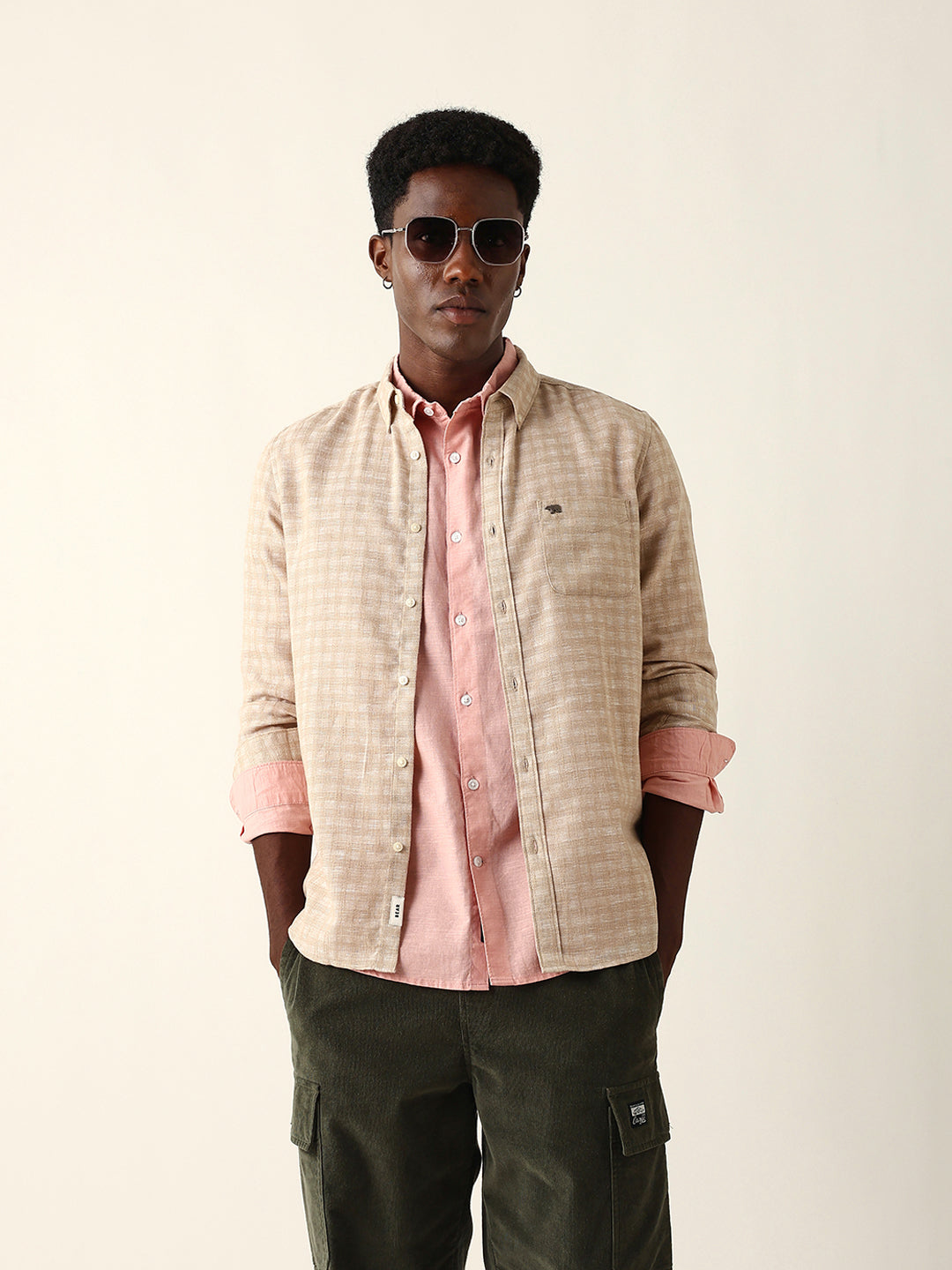 Beige Woven Micro Check Textured Slim Fit Casual Shirt