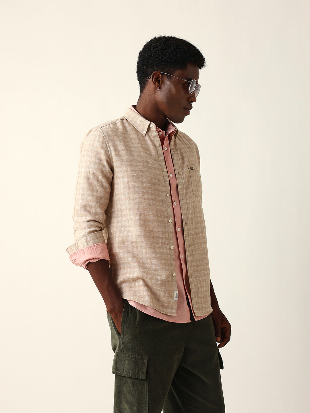 Beige Woven Micro Check Textured Slim Fit Casual Shirt