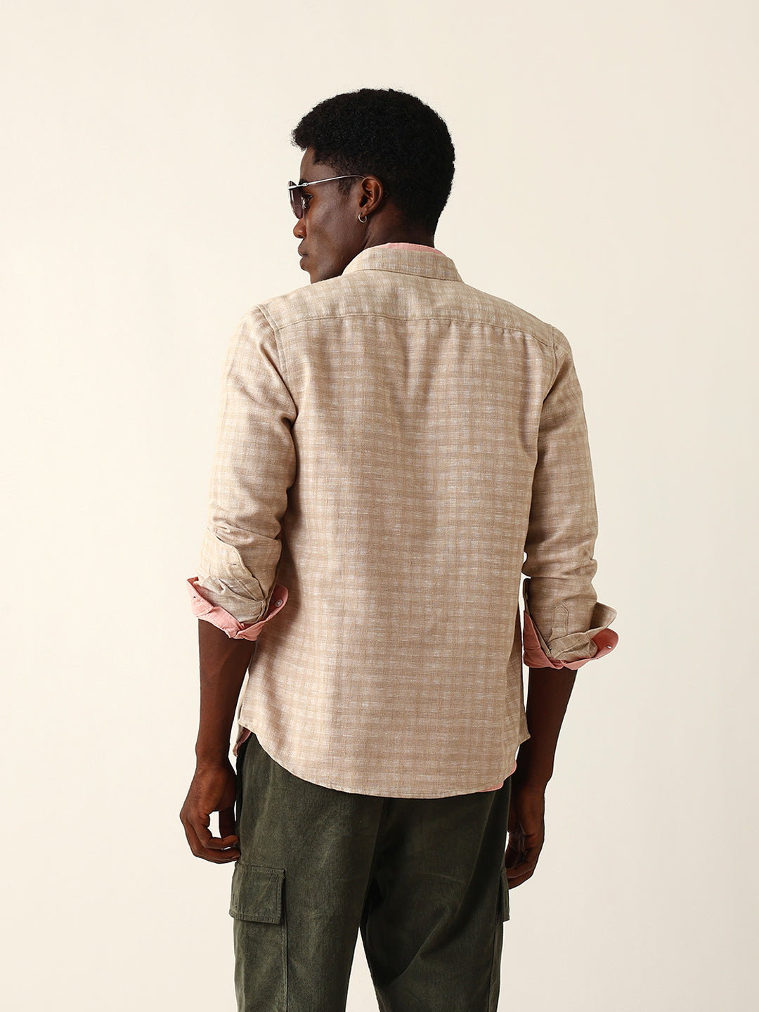 Beige Woven Micro Check Textured Slim Fit Casual Shirt