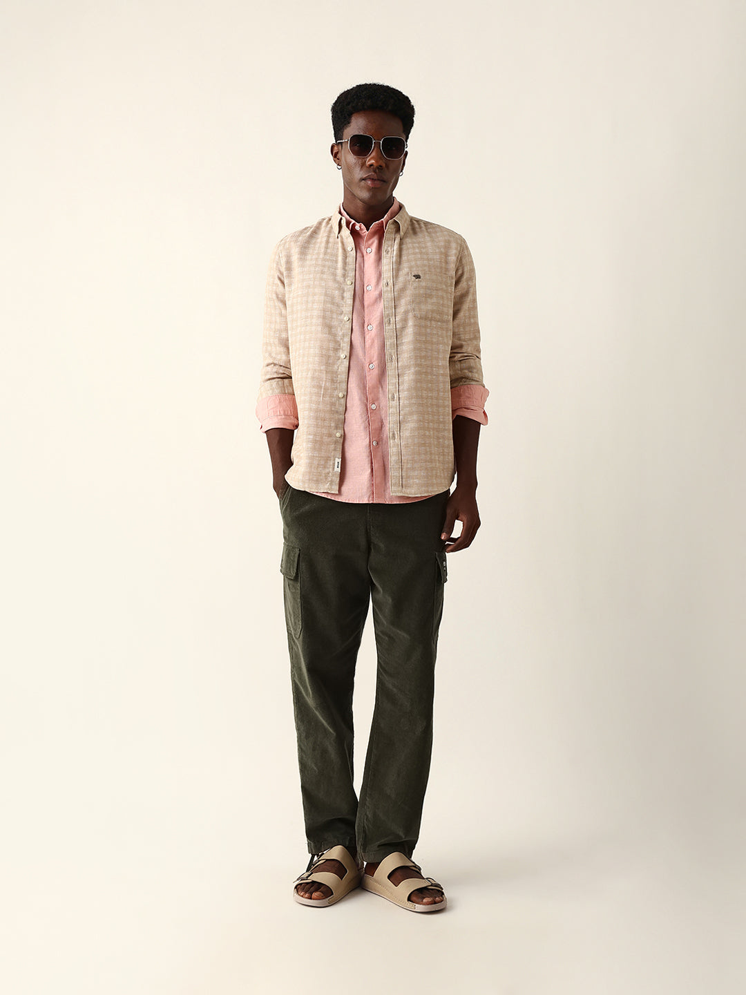 Beige Woven Micro Check Textured Slim Fit Casual Shirt