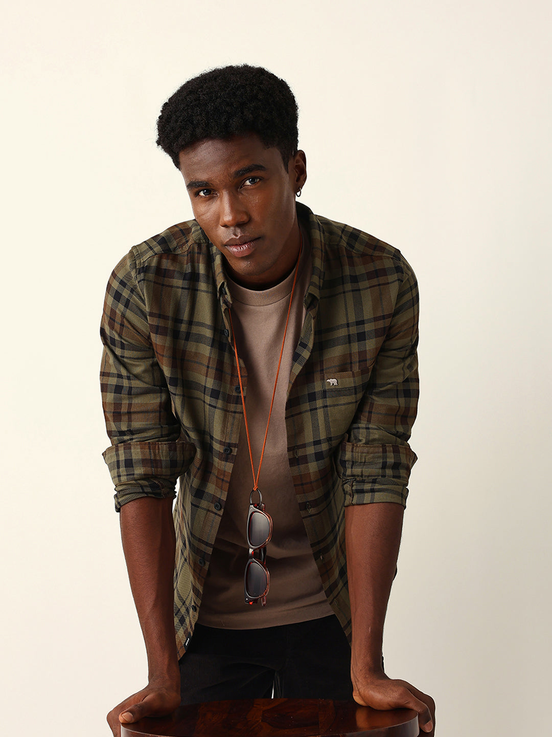 Olive Woven Tartan Checked Slim Fit Casual Shirt