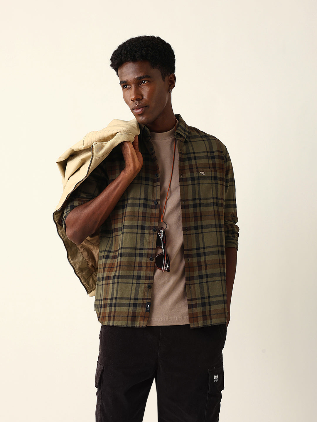 Olive Woven Tartan Checked Slim Fit Casual Shirt