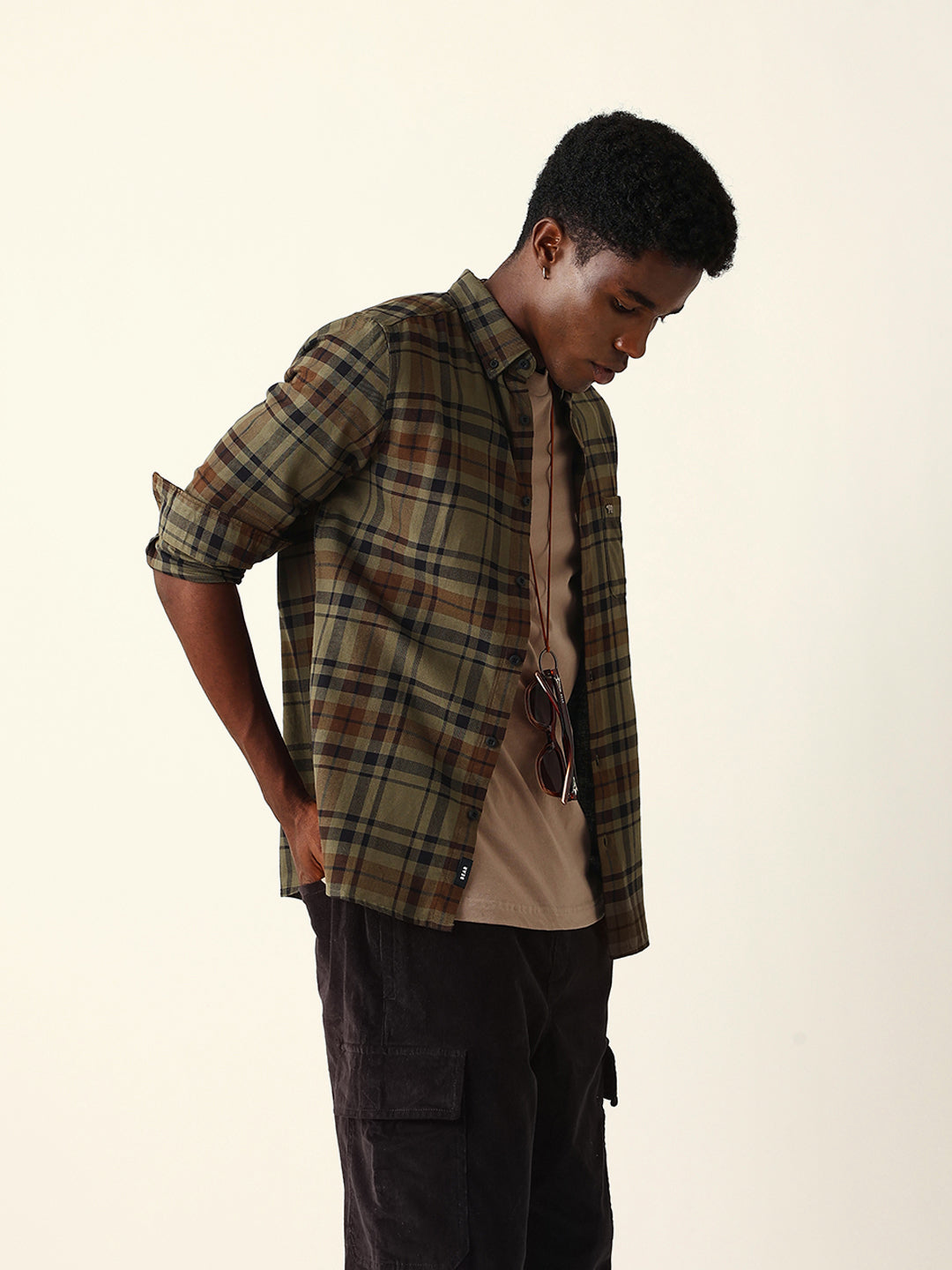 Olive Woven Tartan Checked Slim Fit Casual Shirt