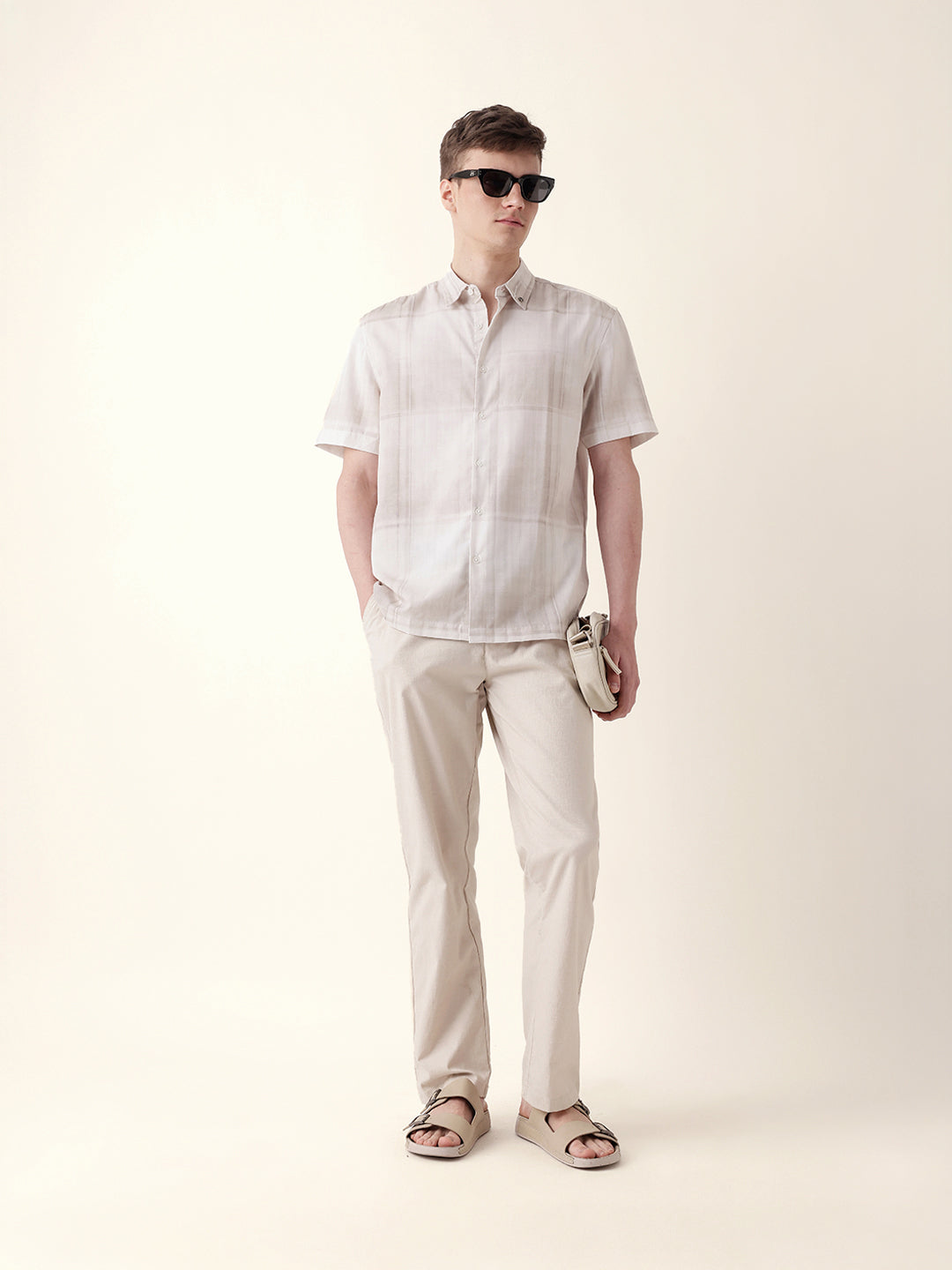 Cream Geometric Check Print Relaxed Fit Casual Shirt