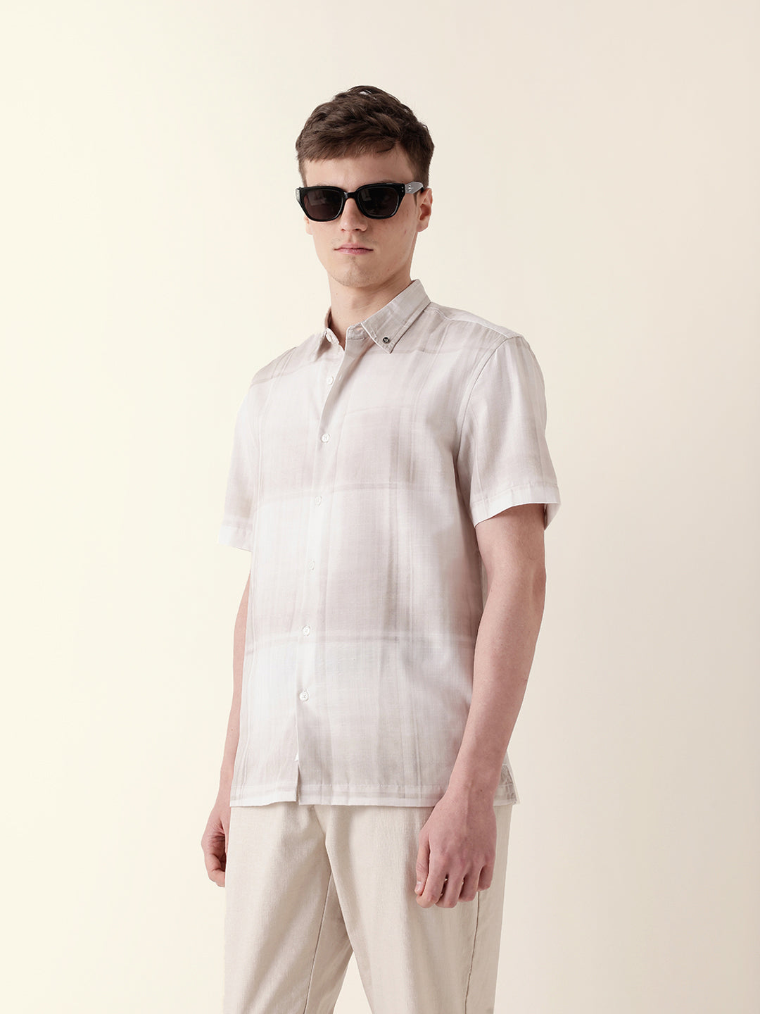 Cream Geometric Check Print Relaxed Fit Casual Shirt