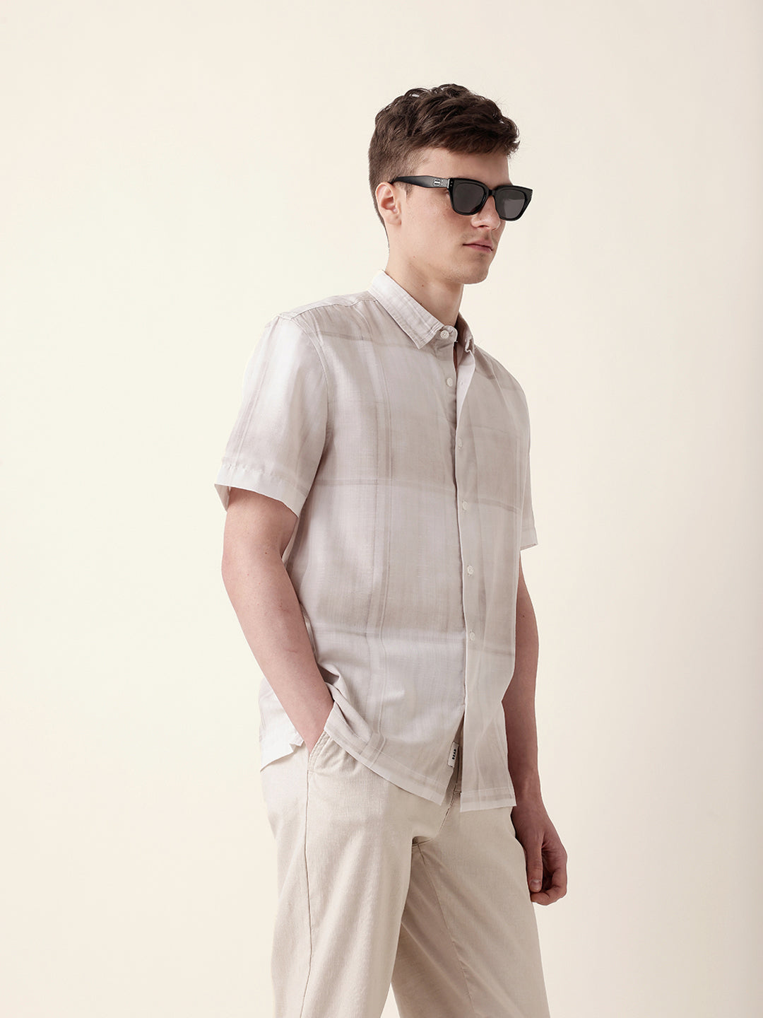 Cream Geometric Check Print Relaxed Fit Casual Shirt