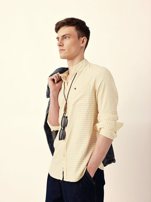 Yellow Woven Micro-Checked Slim Fit Casual Shirt