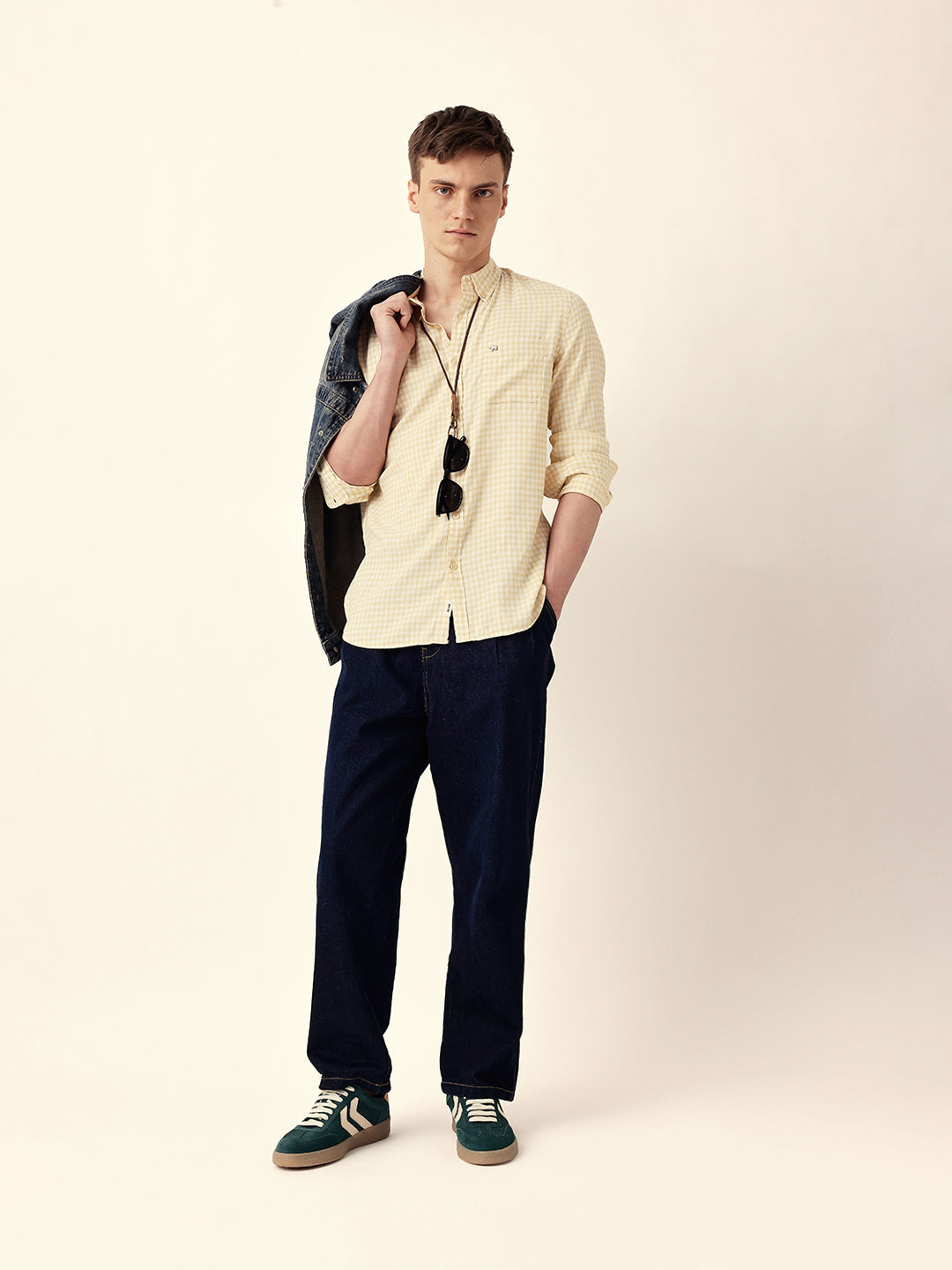 Yellow Woven Micro-Checked Slim Fit Casual Shirt