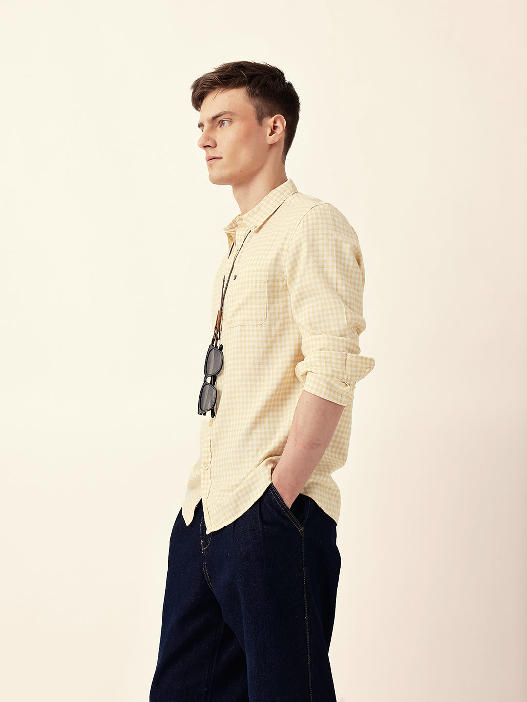 Yellow Woven Micro-Checked Slim Fit Casual Shirt