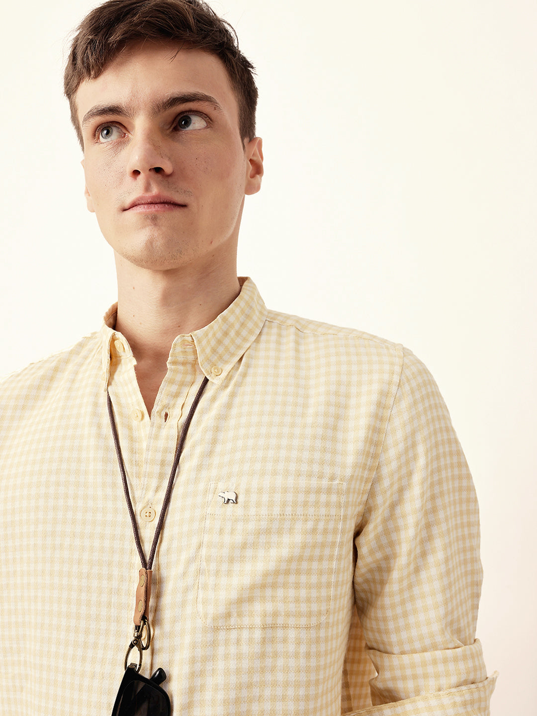 Yellow Woven Micro-Checked Slim Fit Casual Shirt