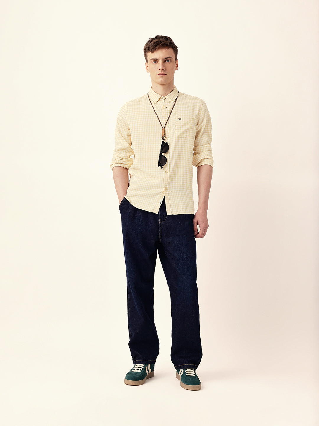 Yellow Woven Micro-Checked Slim Fit Casual Shirt