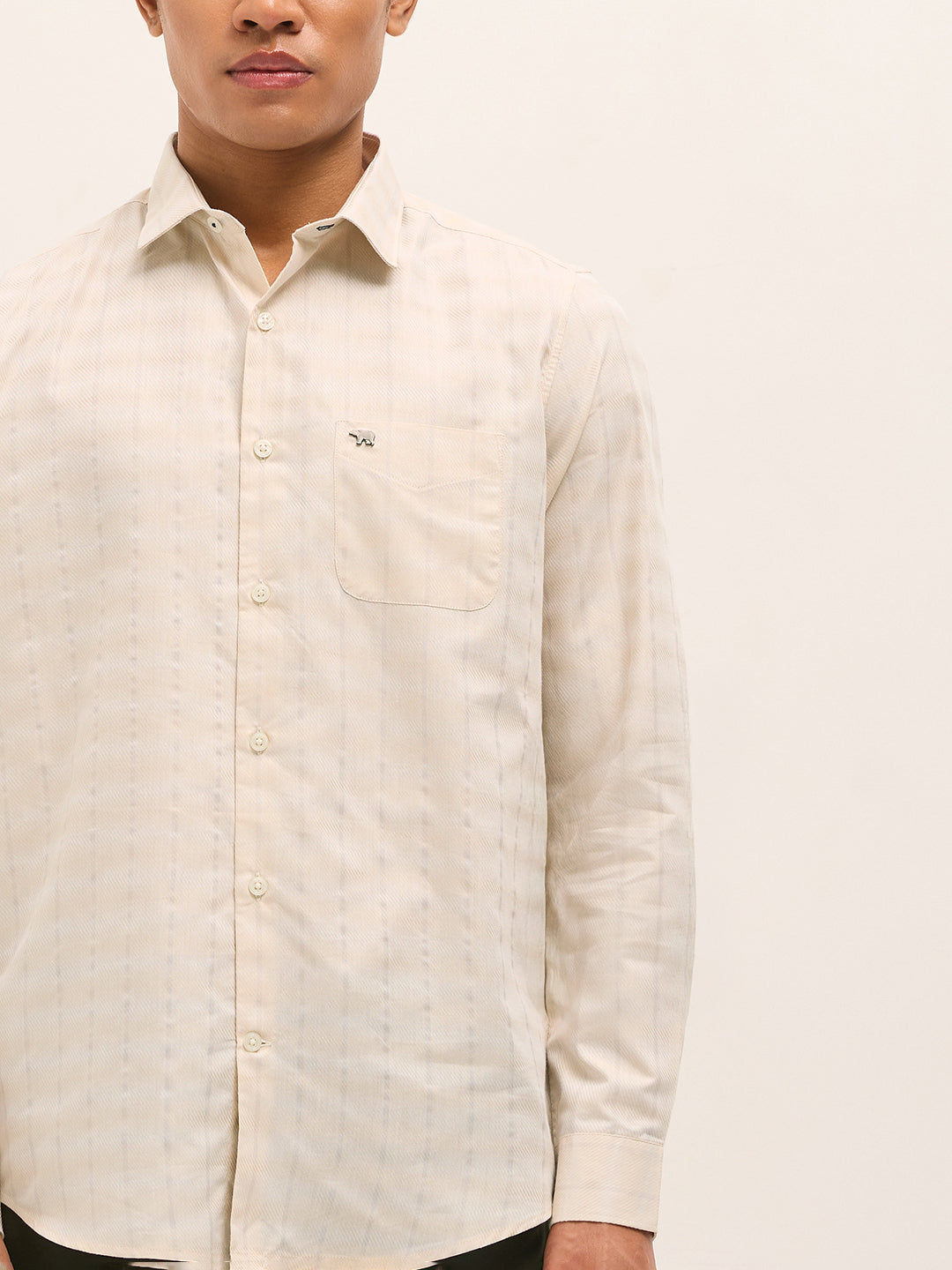Beige Woven Stripe Tailored Fit Formal Shirt