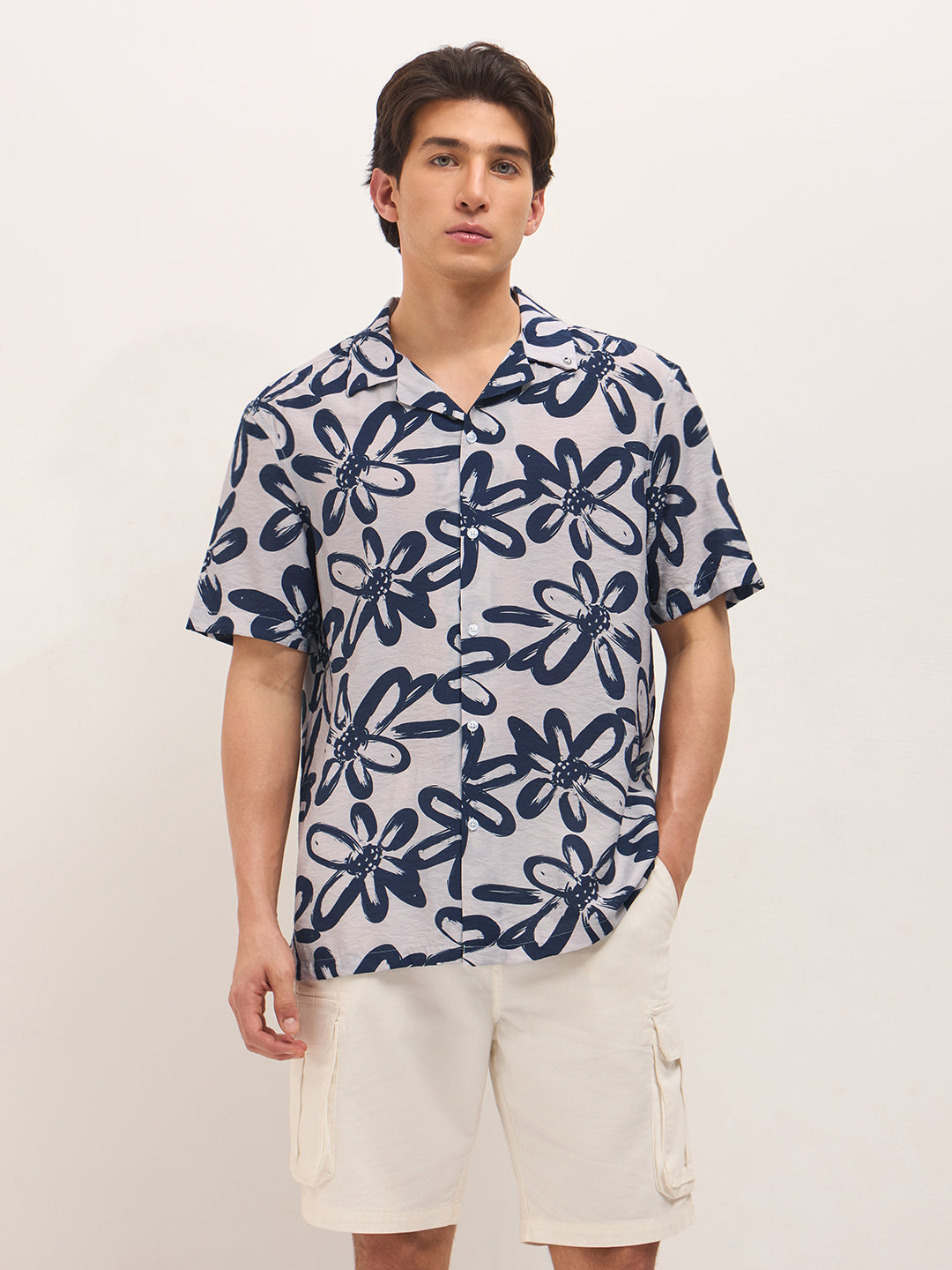 Blue Floral Motif Print Relaxed Fit Half-Sleeve Casual Shirt