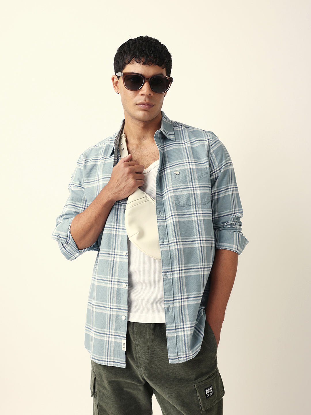 Teal Woven Tartan Checked Slim Fit Casual Shirt