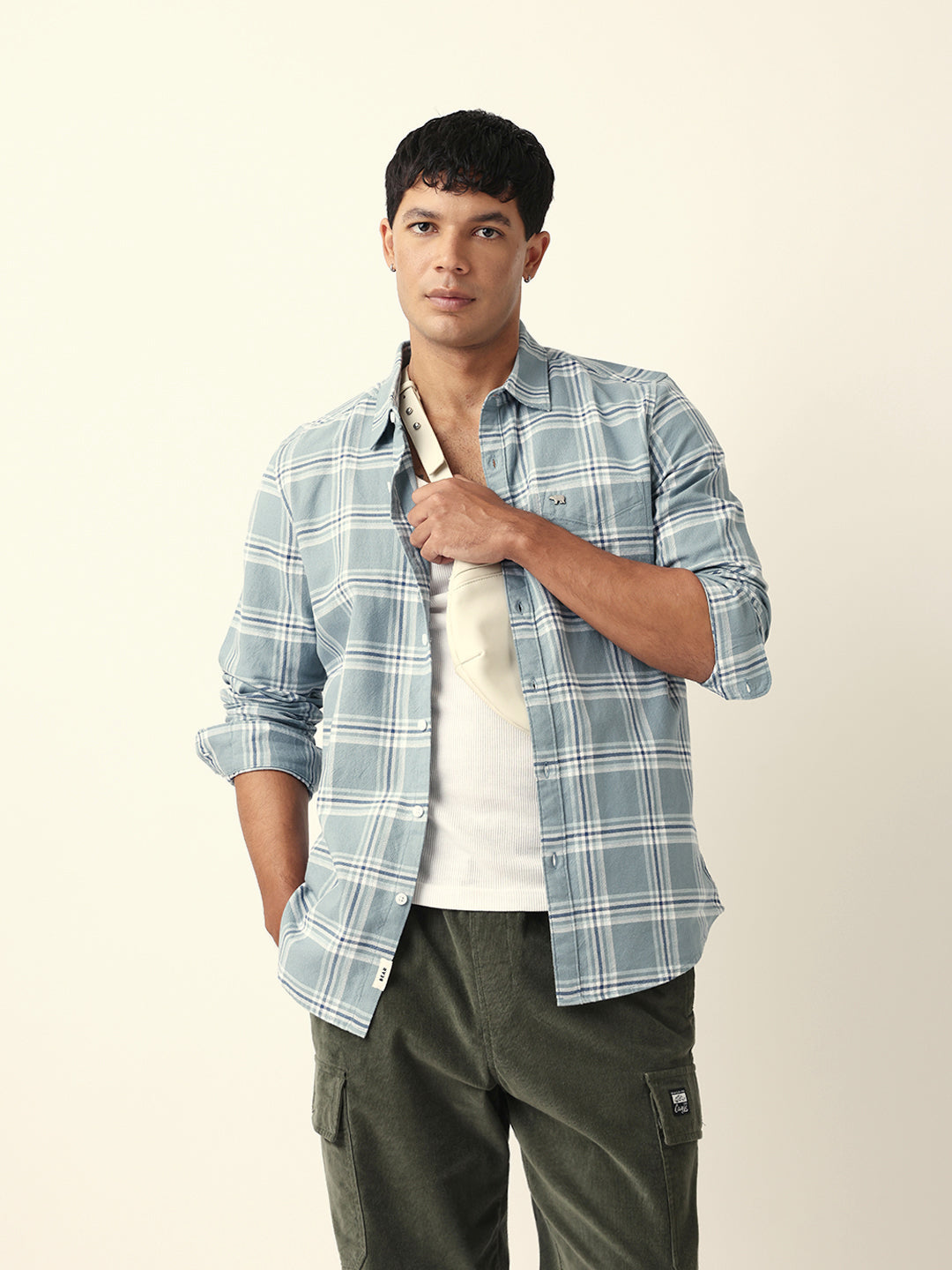 Teal Woven Tartan Checked Slim Fit Casual Shirt