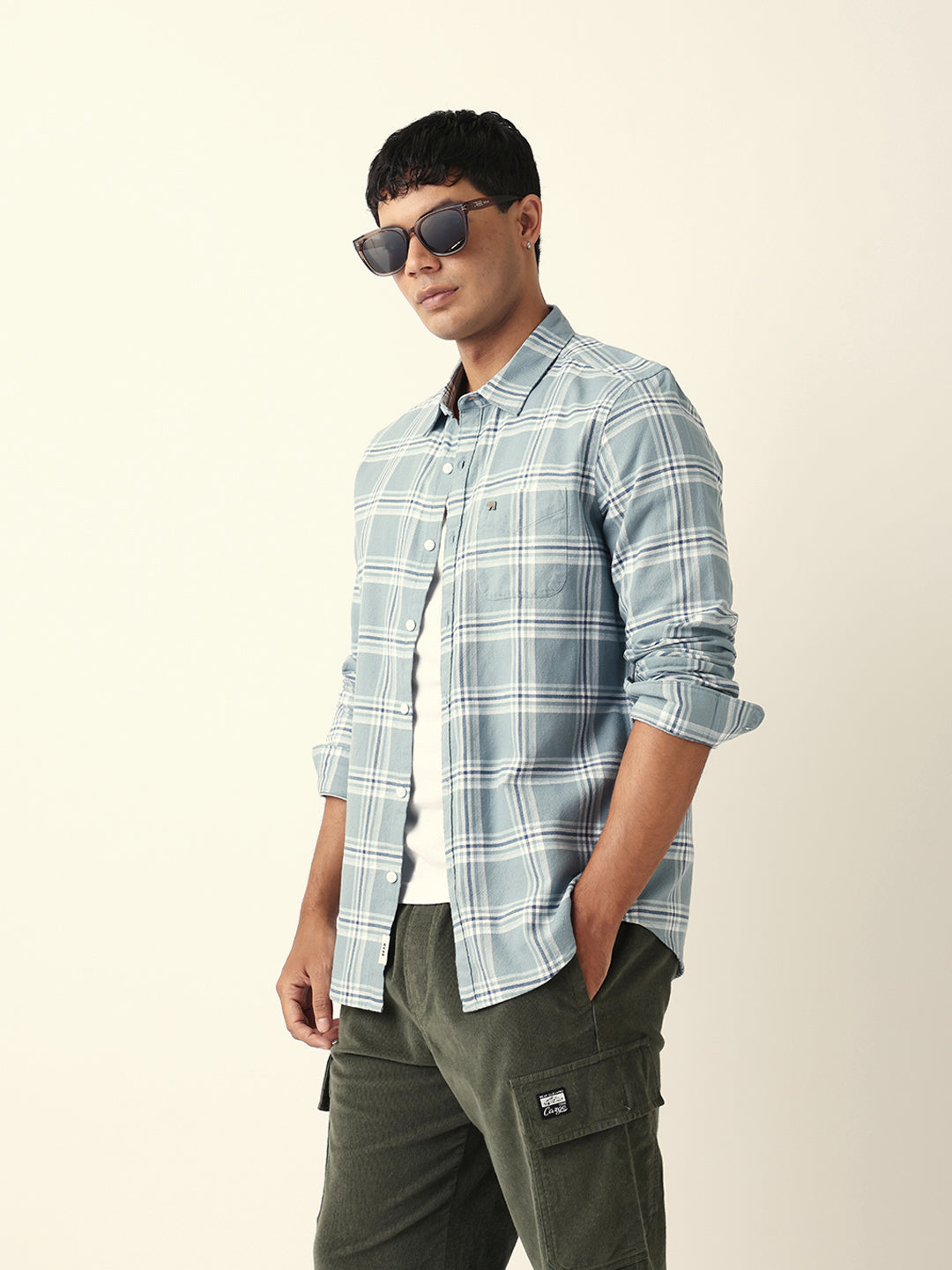 Teal Woven Tartan Checked Slim Fit Casual Shirt