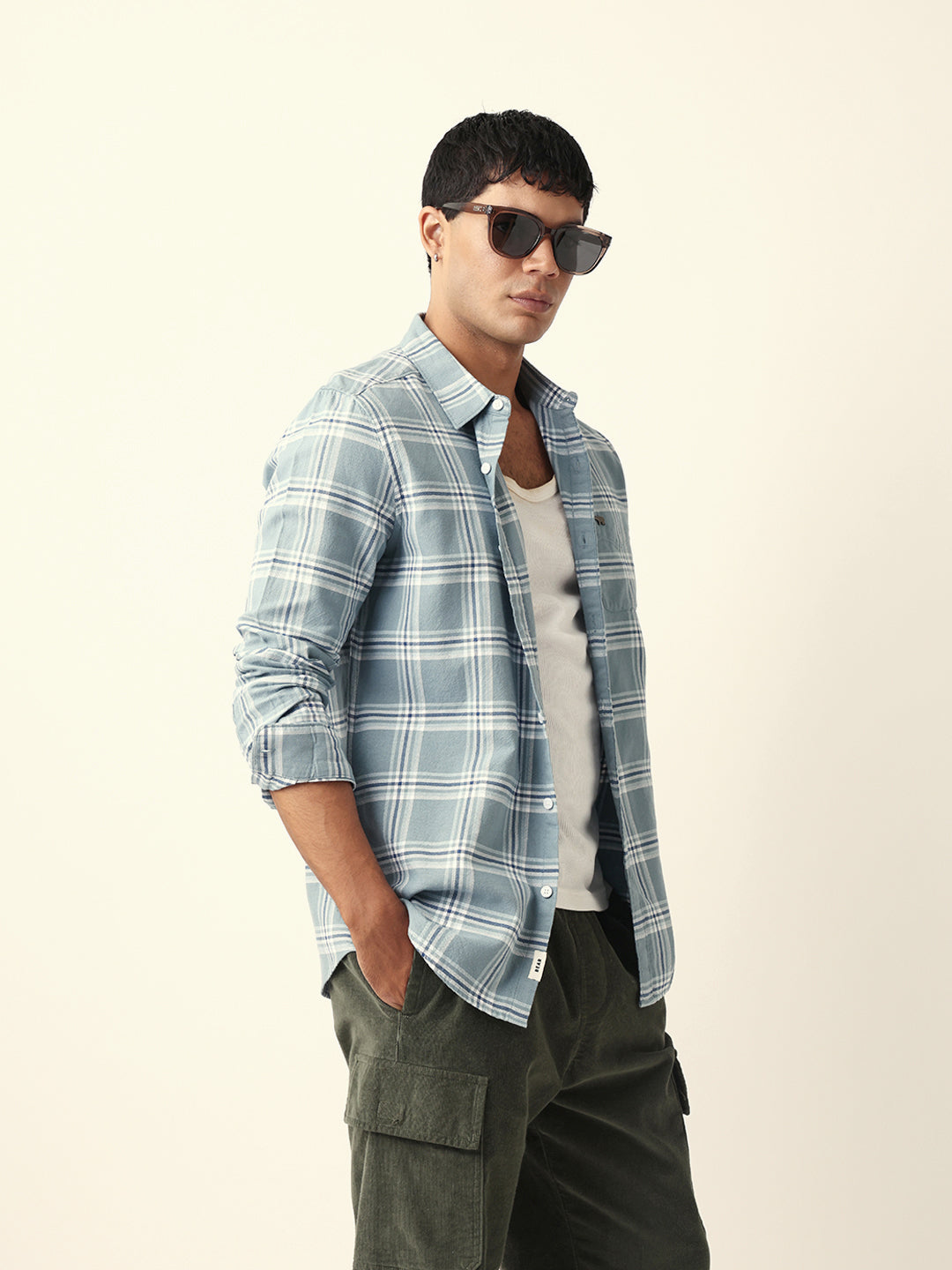 Teal Woven Tartan Checked Slim Fit Casual Shirt