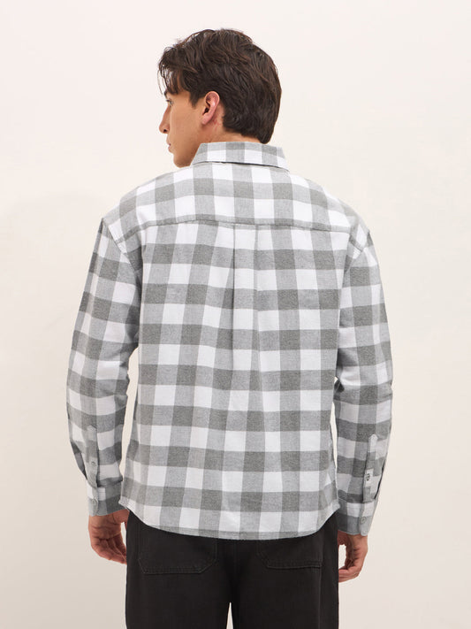 Grey & White Woven Block Checks Flannel Relaxed Fit Casual Shirt