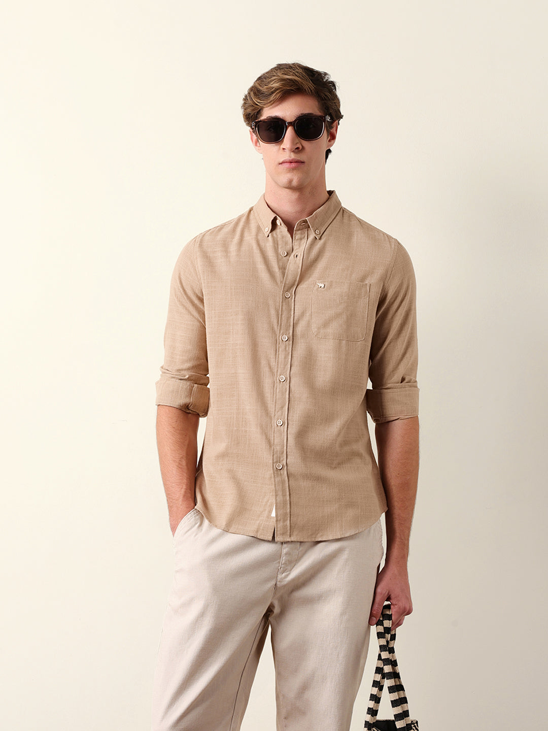 Beige Slub-Textured Woven Slim Fit Casual Shirt