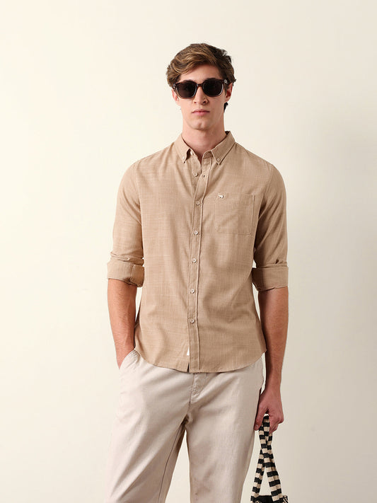 Beige Slub-Textured Woven Slim Fit Casual Shirt