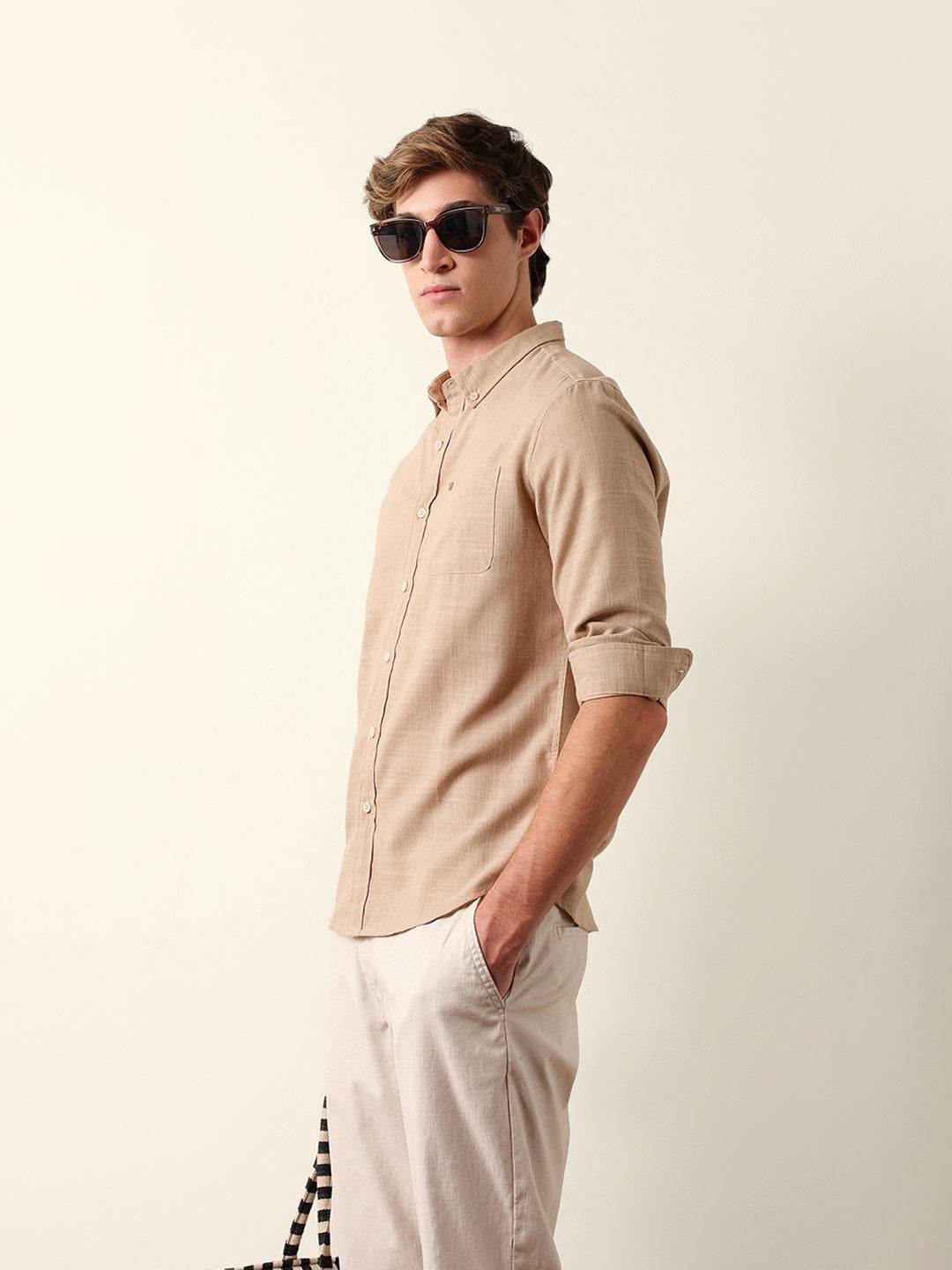Beige Slub-Textured Woven Slim Fit Casual Shirt