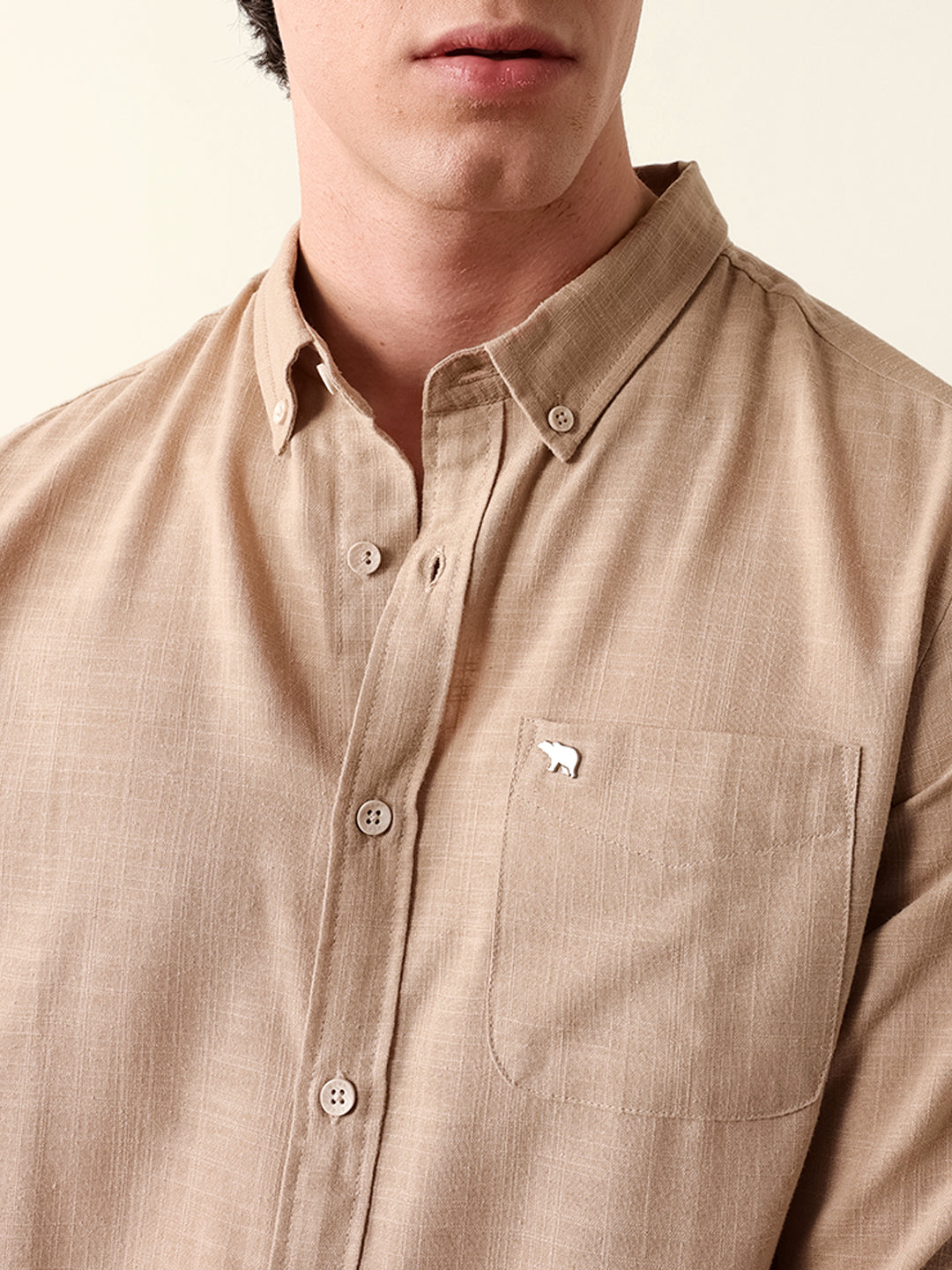 Beige Slub-Textured Woven Slim Fit Casual Shirt