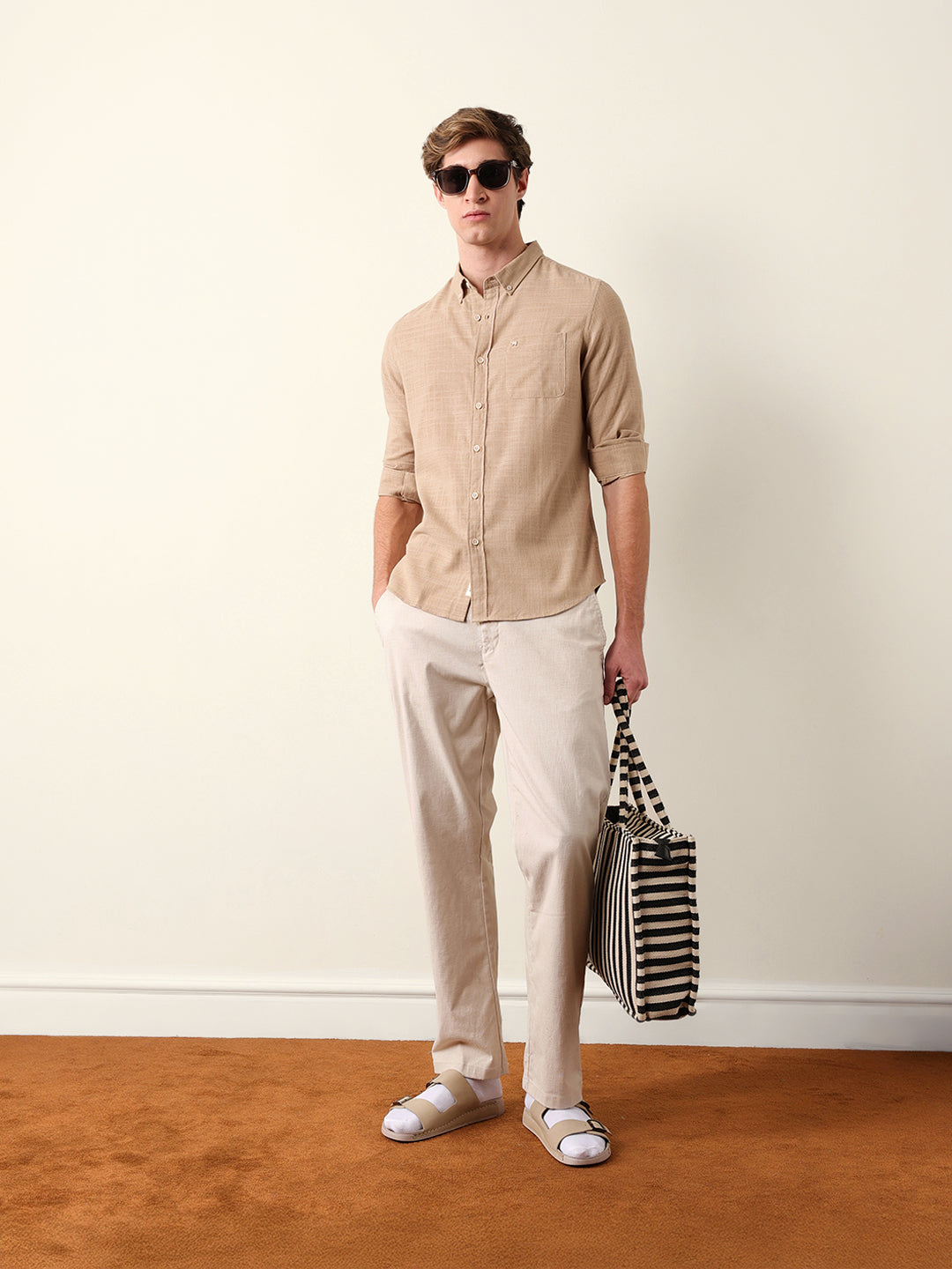Beige Slub-Textured Woven Slim Fit Casual Shirt