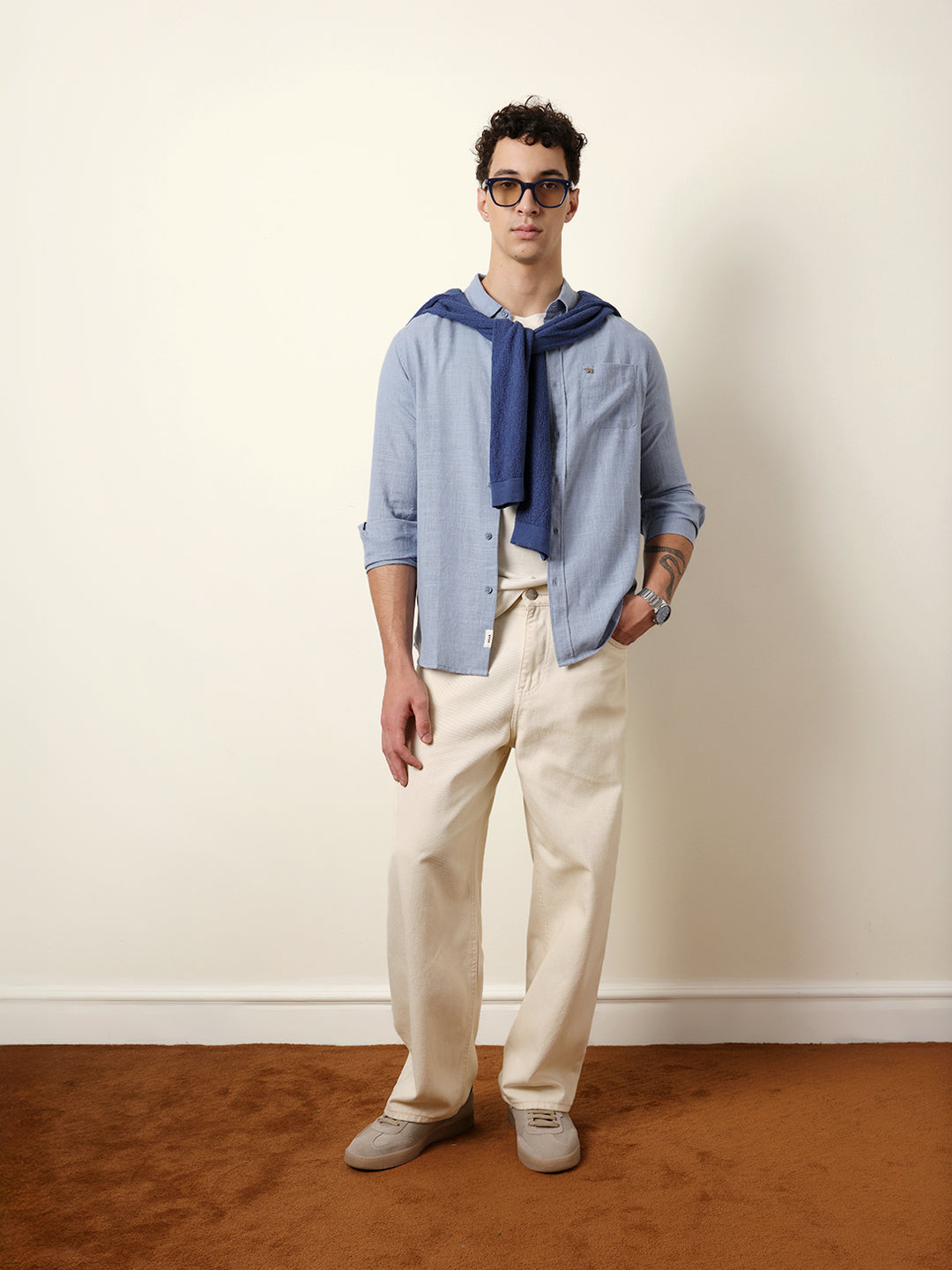 Blue Slub-Textured Woven Slim Fit Casual Shirt