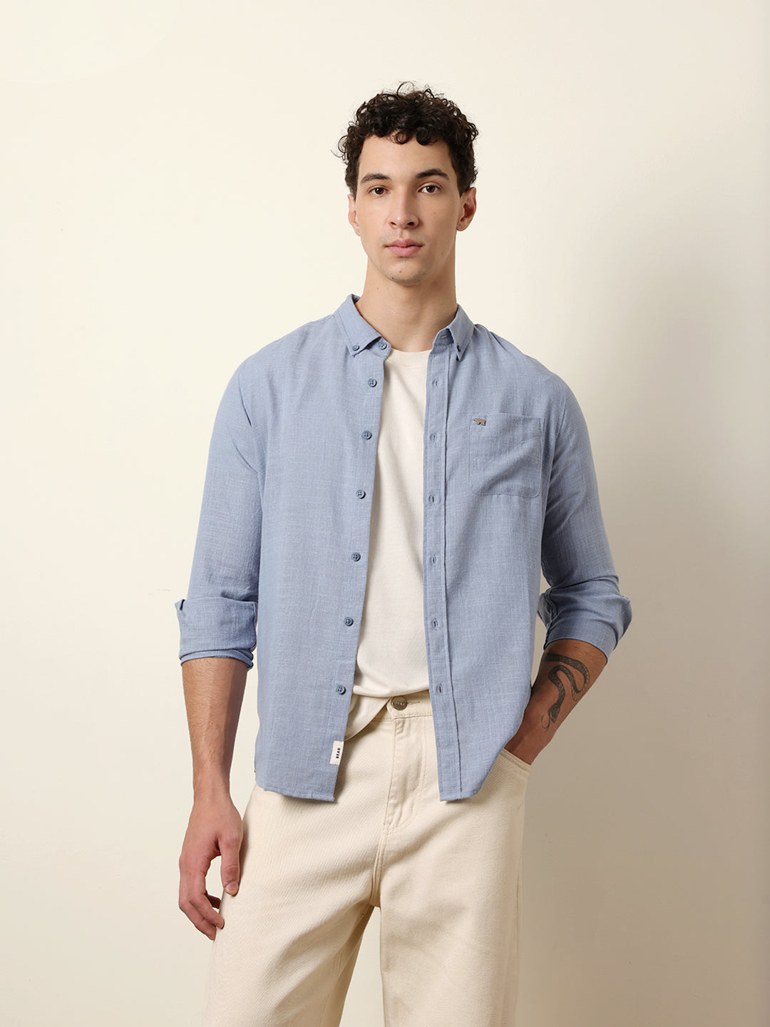 Blue Slub-Textured Woven Slim Fit Casual Shirt