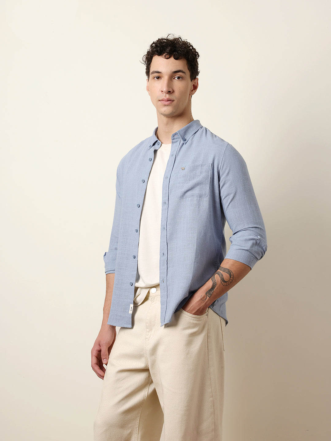 Blue Slub-Textured Woven Slim Fit Casual Shirt