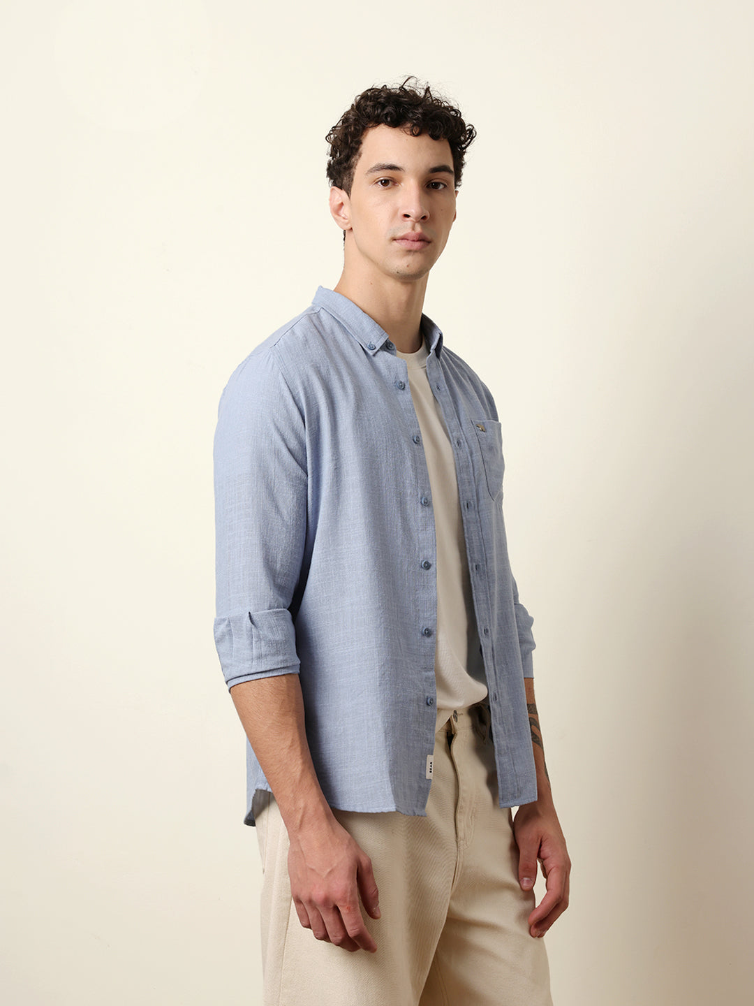 Blue Slub-Textured Woven Slim Fit Casual Shirt