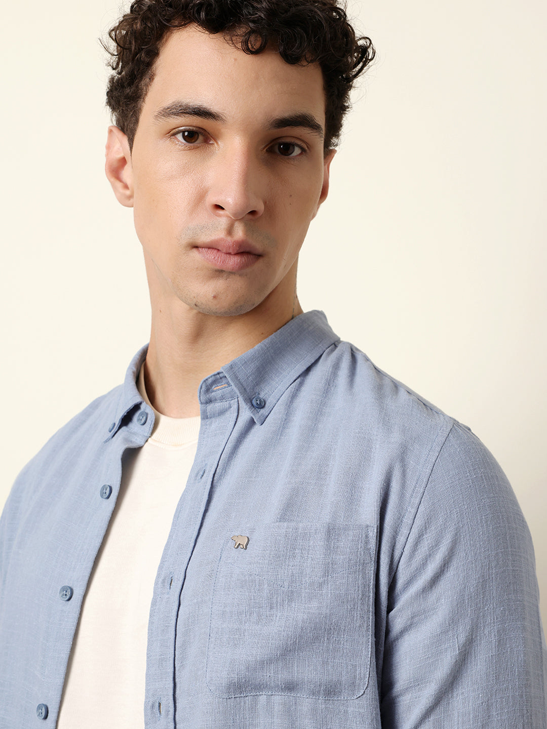 Blue Slub-Textured Woven Slim Fit Casual Shirt