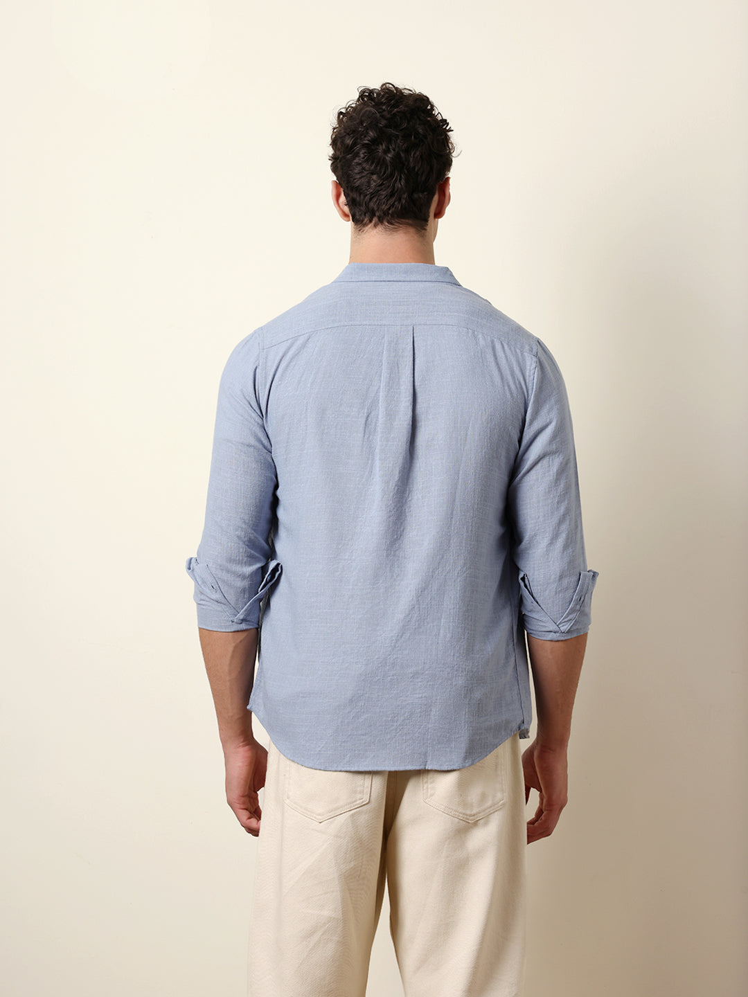 Blue Slub-Textured Woven Slim Fit Casual Shirt