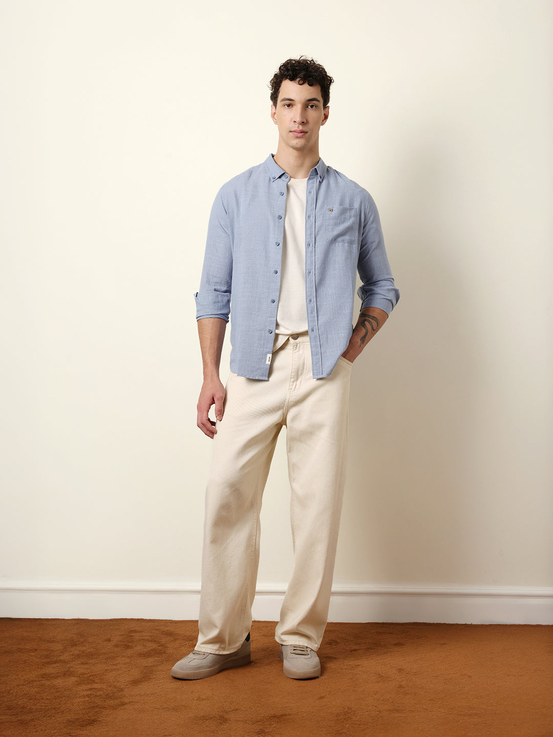 Blue Slub-Textured Woven Slim Fit Casual Shirt