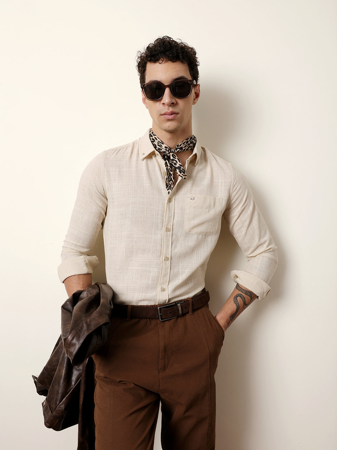 Cream Slub-Textured Woven Slim Fit Casual Shirt