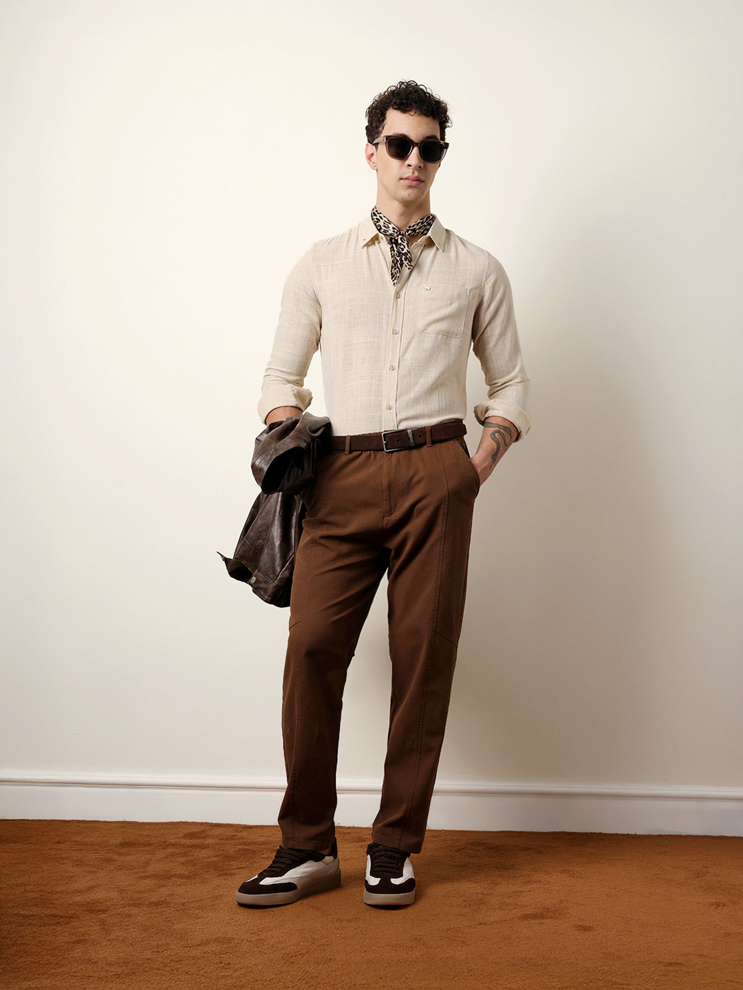Cream Slub-Textured Woven Slim Fit Casual Shirt