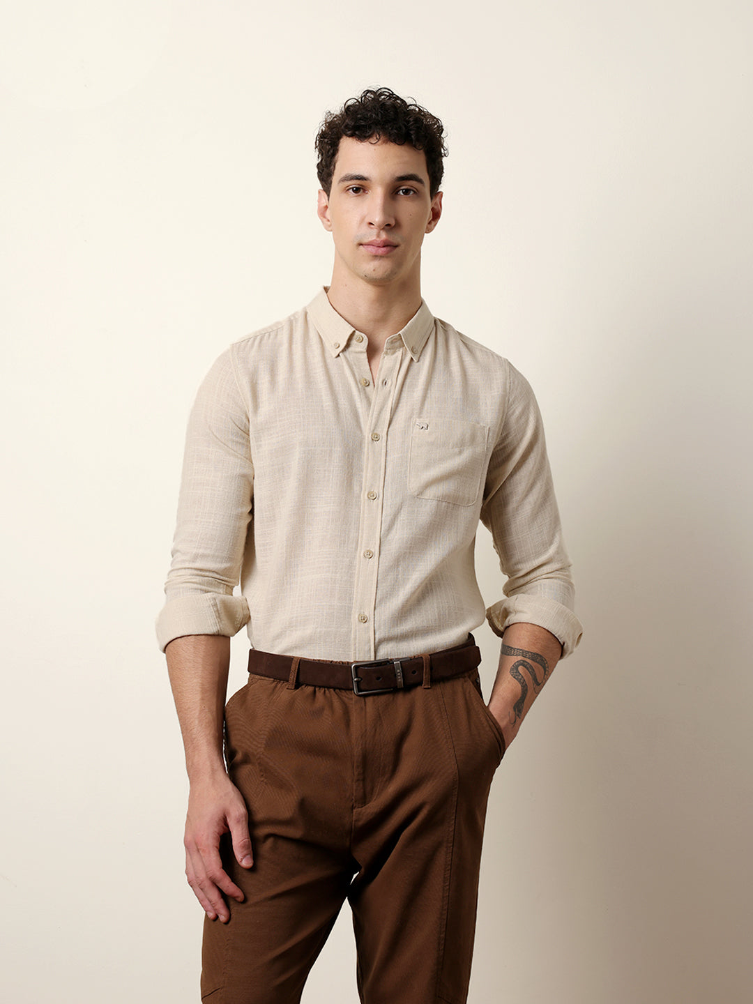 Cream Slub-Textured Woven Slim Fit Casual Shirt