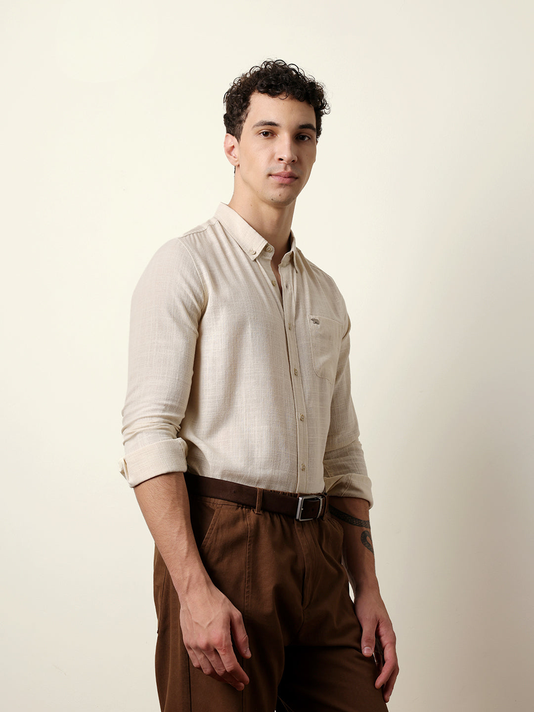 Cream Slub-Textured Woven Slim Fit Casual Shirt