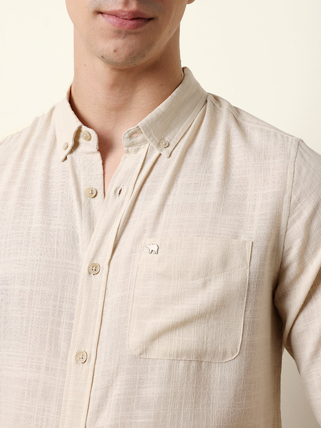 Cream Slub-Textured Woven Slim Fit Casual Shirt