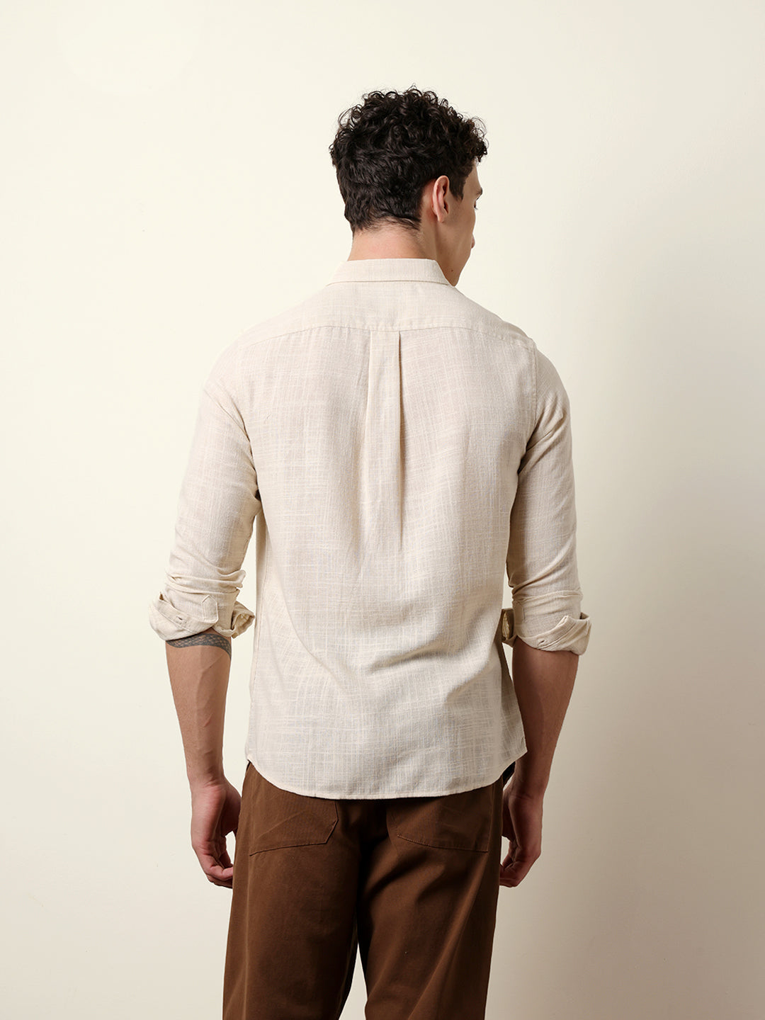 Cream Slub-Textured Woven Slim Fit Casual Shirt